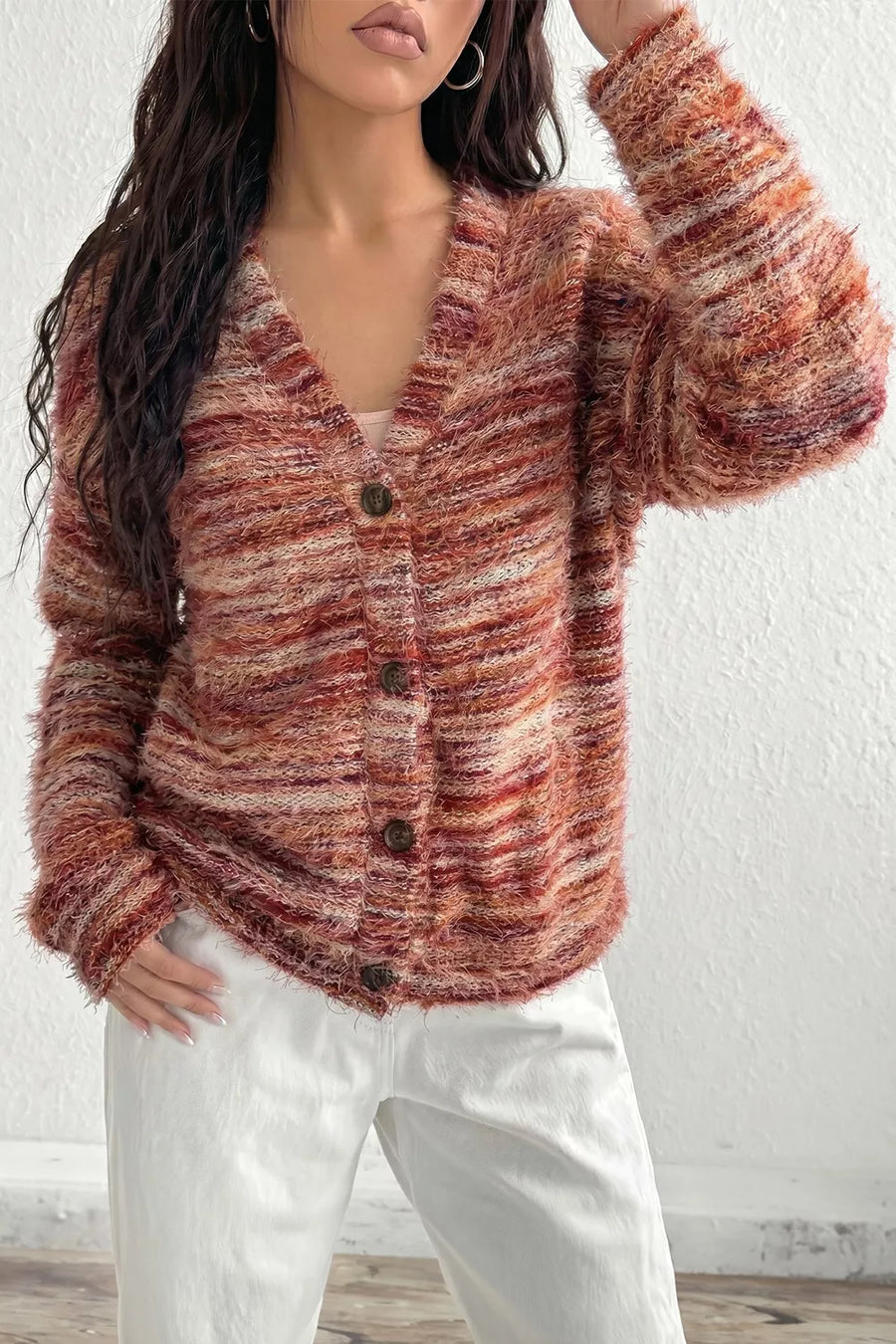 Rust with Fuzzy Striped Button Front Cardigan Sweater