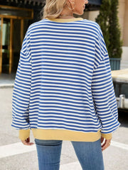 Striped crew neck sweatshirt in royal blue and white with a yellow hem and cuffs.