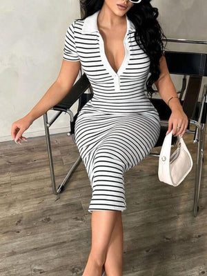 black bodycon dress featuring buttoned and striped