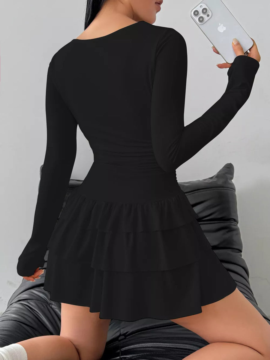 Ruched Long Sleeve Layered Ruffle Mini Dress in Red, view 13