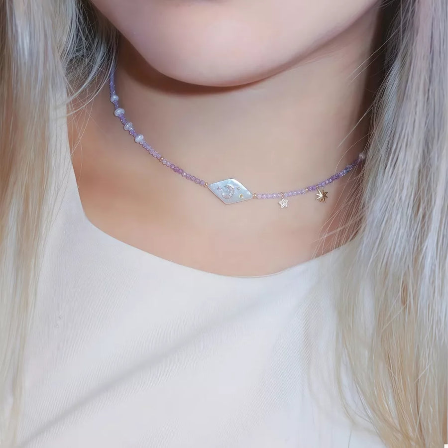 necklace featuring star-moon in gold with Freshwater Pearl, 18K Gold-Plated, Titanium Steel, Bead, Zircon Care instruction