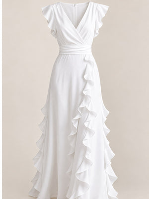 romantic maxi dress in Apricot with deep v-neck