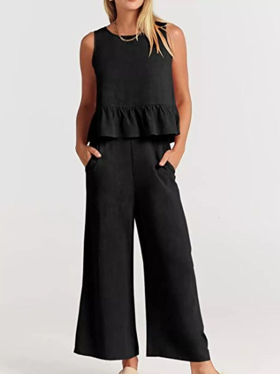 Ruffled Hem Sleeveless Top And Wide-leg Pants Set Plus Size in Black