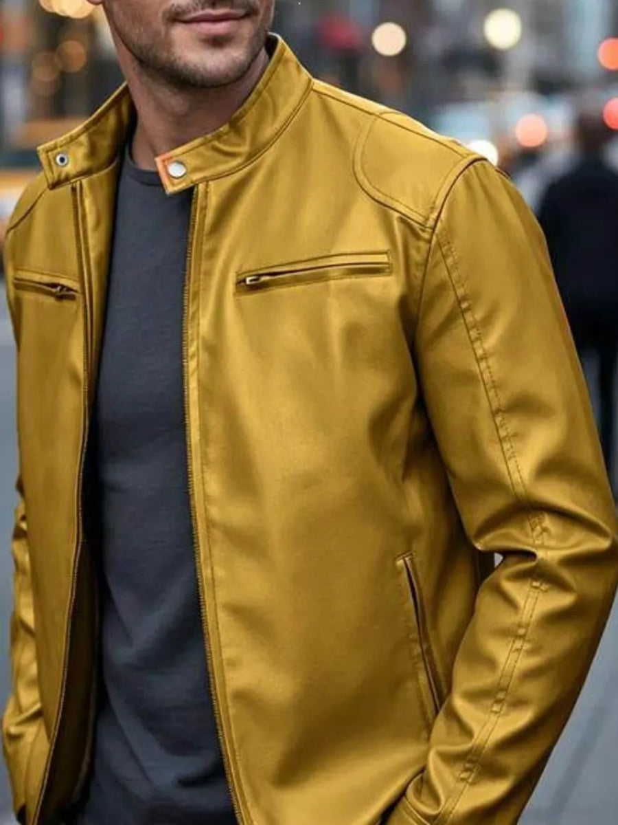 Dark Blue Men's Full Size Faux Leather Bomber Jacket