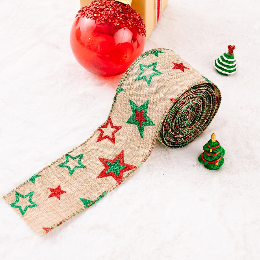 Burlap ribbon with red and green stars, ideal for festive holiday crafts.