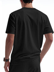 Black cotton t-shirt with textured fabric and short sleeves.
