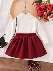 Children's Floral Applique Mock Neck Top And Pleated Skirt Set option 5