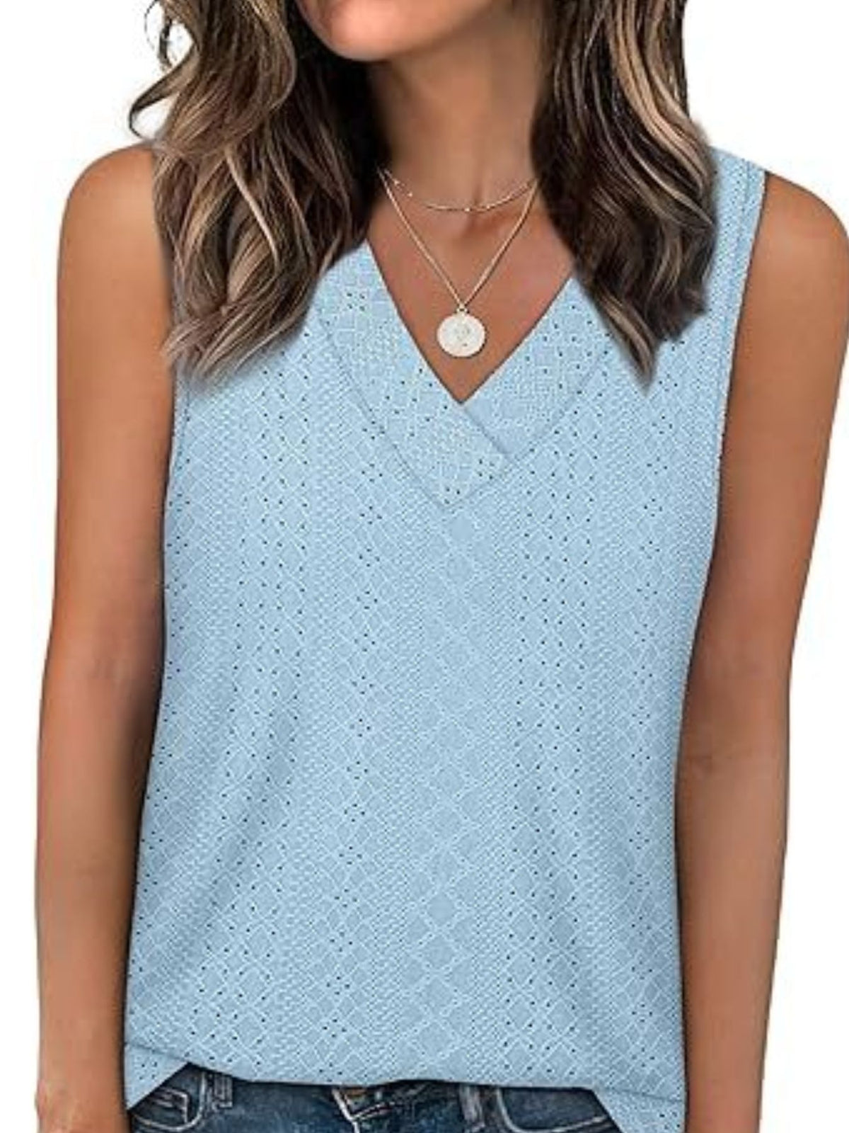 Light blue eyelet V-neck sleeveless tank top with a diamond pattern.