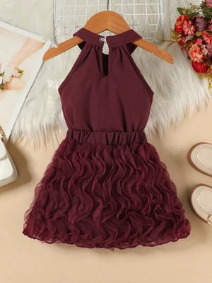 Burgundy toddler halter neck dress with ruffled skirt and pearl bowknot detail