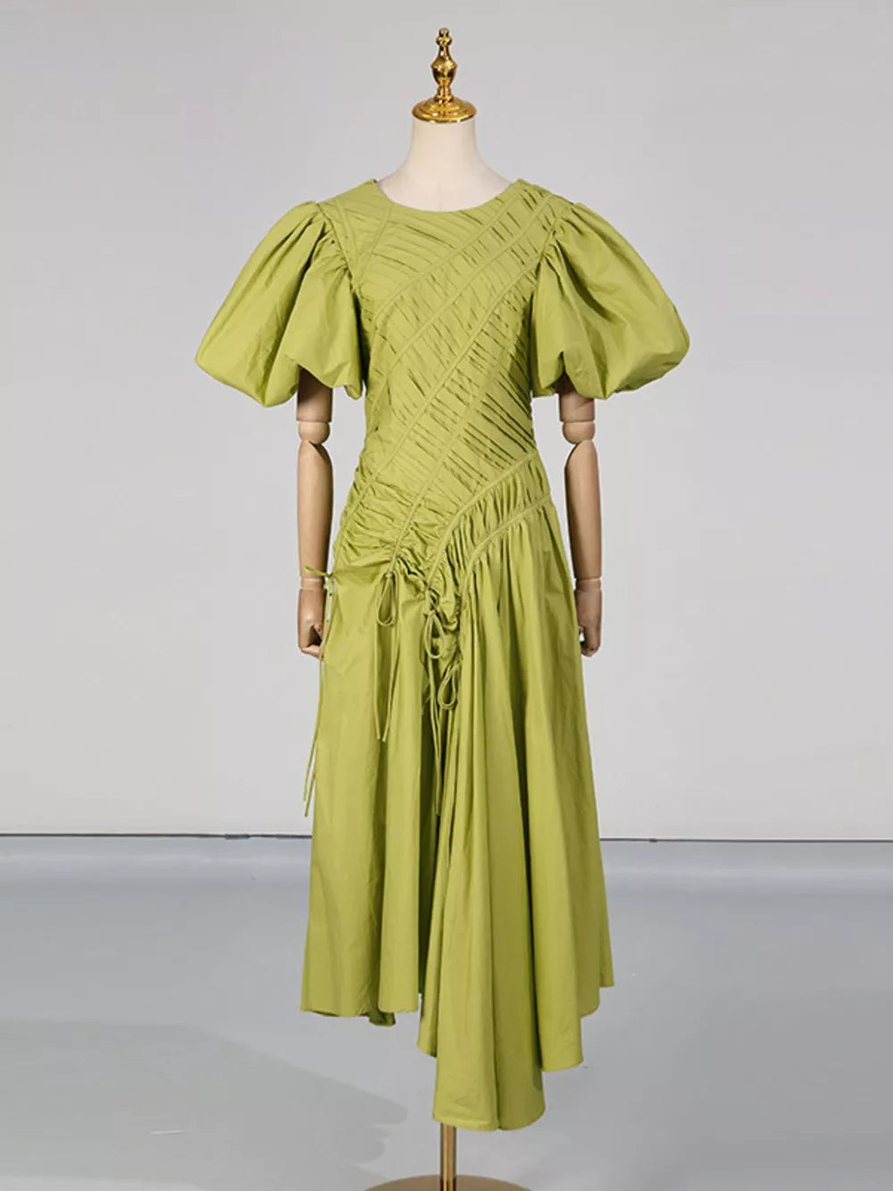 Puff Sleeve Ruched Midi Dress in Blue