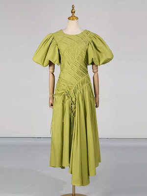 Puff Sleeve Ruched Midi Dress in Blue