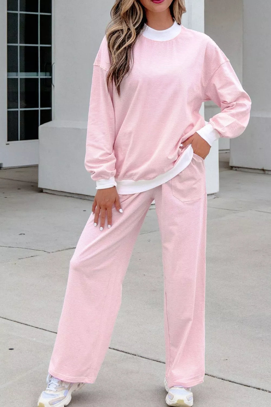 Blush Pink with Striped Long Sleeve Top And Pants Set