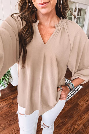 Beige peasant blouse with V-neck and ruffled neckline, 3/4 sleeves