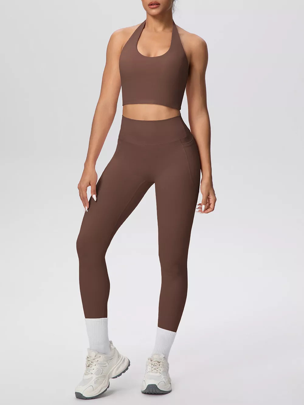 active set in chocolate brown featuring pocketed and fitted fit