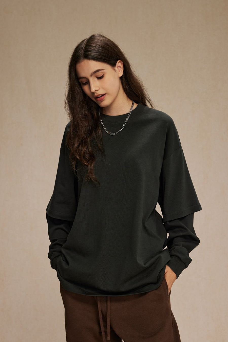 Dark green ribbed long sleeve layered sweatshirt
