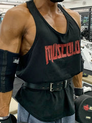 Black muscle tank with distressed red logo graphic and scoop neck.