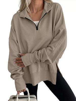 sweatshirt in taupe featuring slit and oversized fit