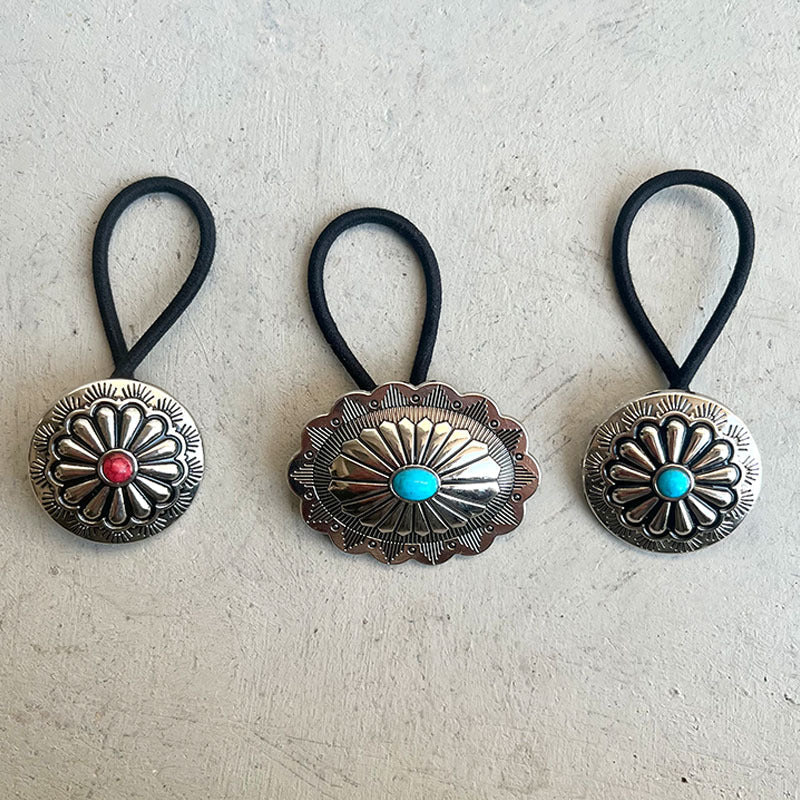 Southwestern hair ties with alloy medallions in Style B aqua and Style C red accents.