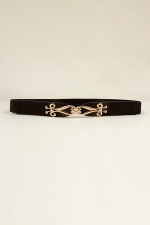 Black elastic belt with a sculpted gold alloy clasp and adjustable fit