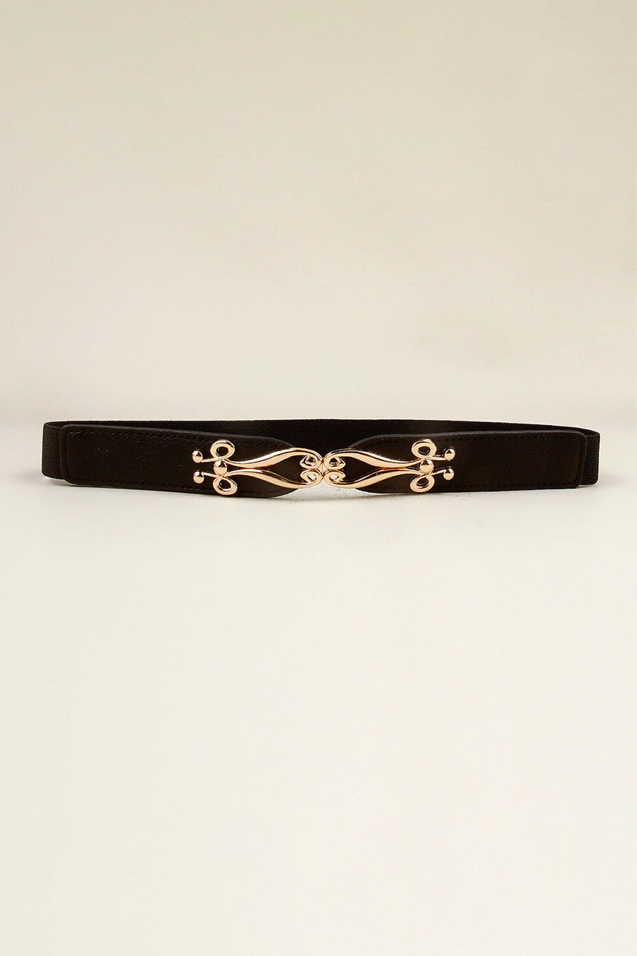 Black elastic belt with a sculpted gold alloy clasp and adjustable fit