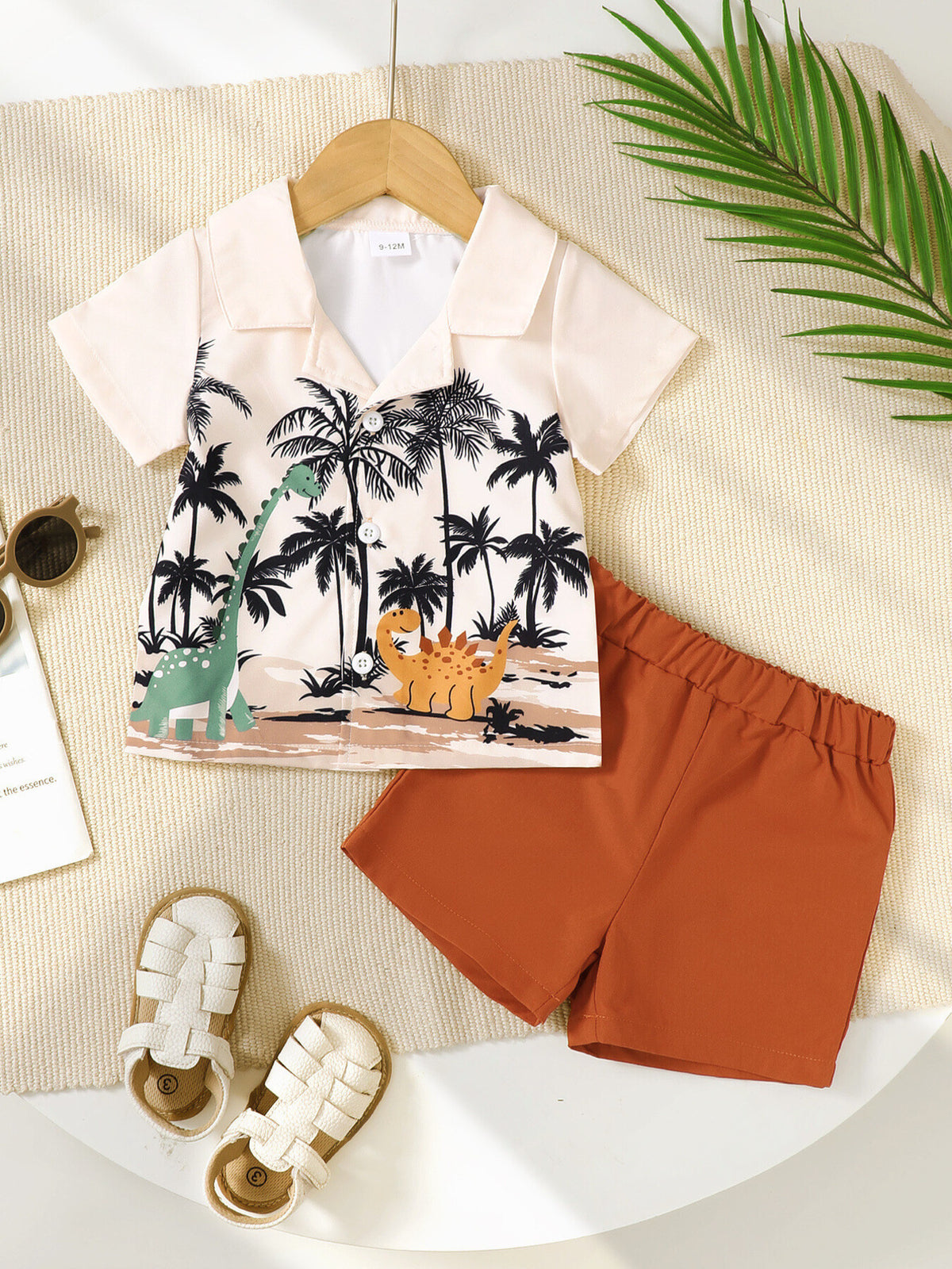 Baby boys' dinosaur print shirt and burnt orange shorts set