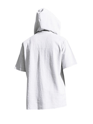 Light grey short sleeve hooded t-shirt with textured fabric.