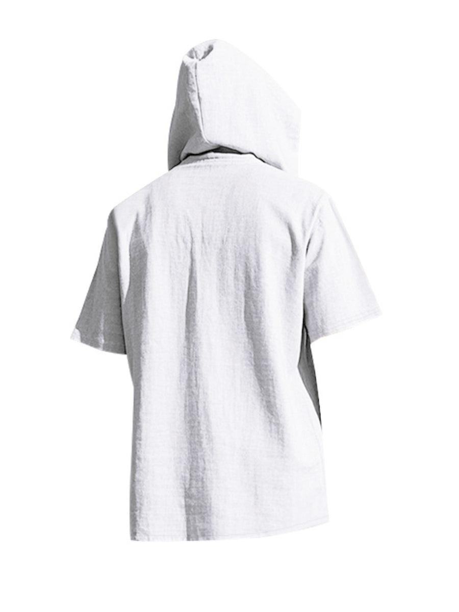 Light grey short sleeve hooded t-shirt with textured fabric.