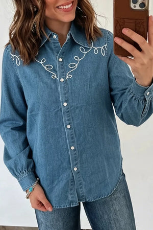 Dusty Blue with Embroidered Western Denim Top
