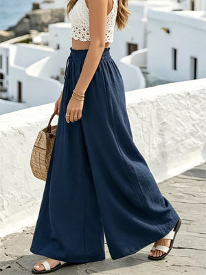 Navy wide-leg linen blend pants with drawstring waist and side slits