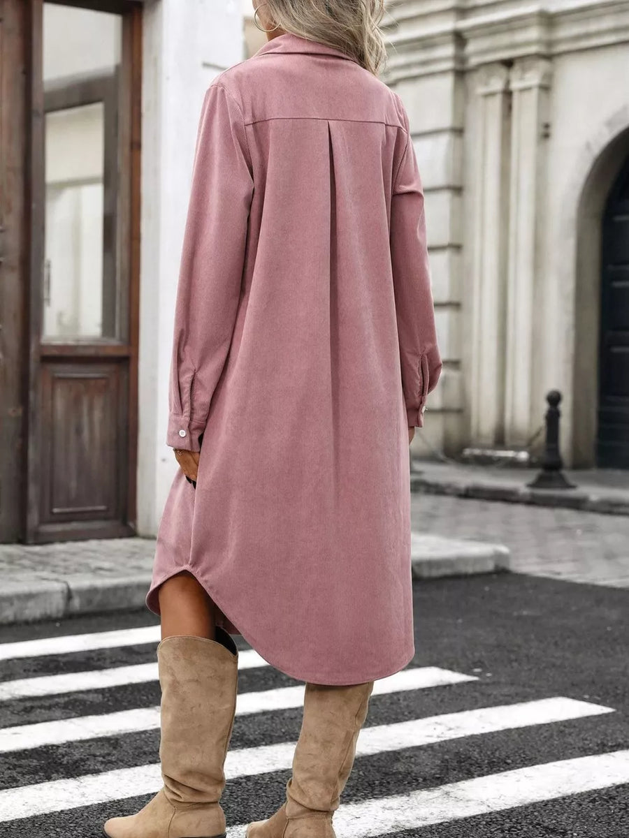 camel shirt dress with button-front and ribbed