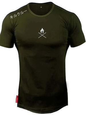 Army green muscle fit tee with Spartan helmet graphic and crossed spears.