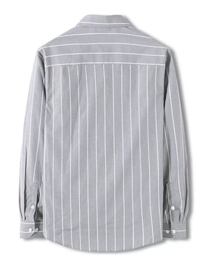 Grey striped long sleeve cotton blend button-down shirt with white pinstripes.