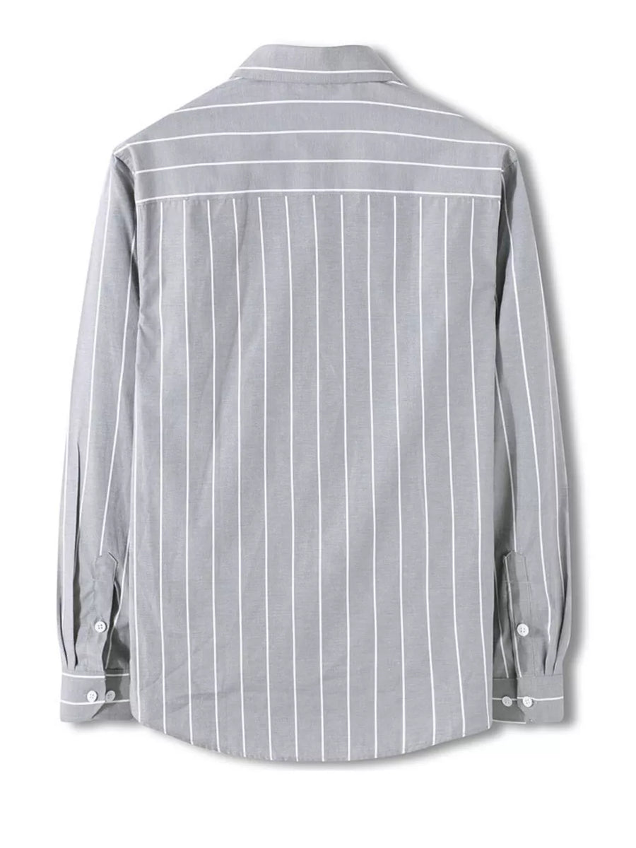 Grey striped long sleeve cotton blend button-down shirt with white pinstripes.