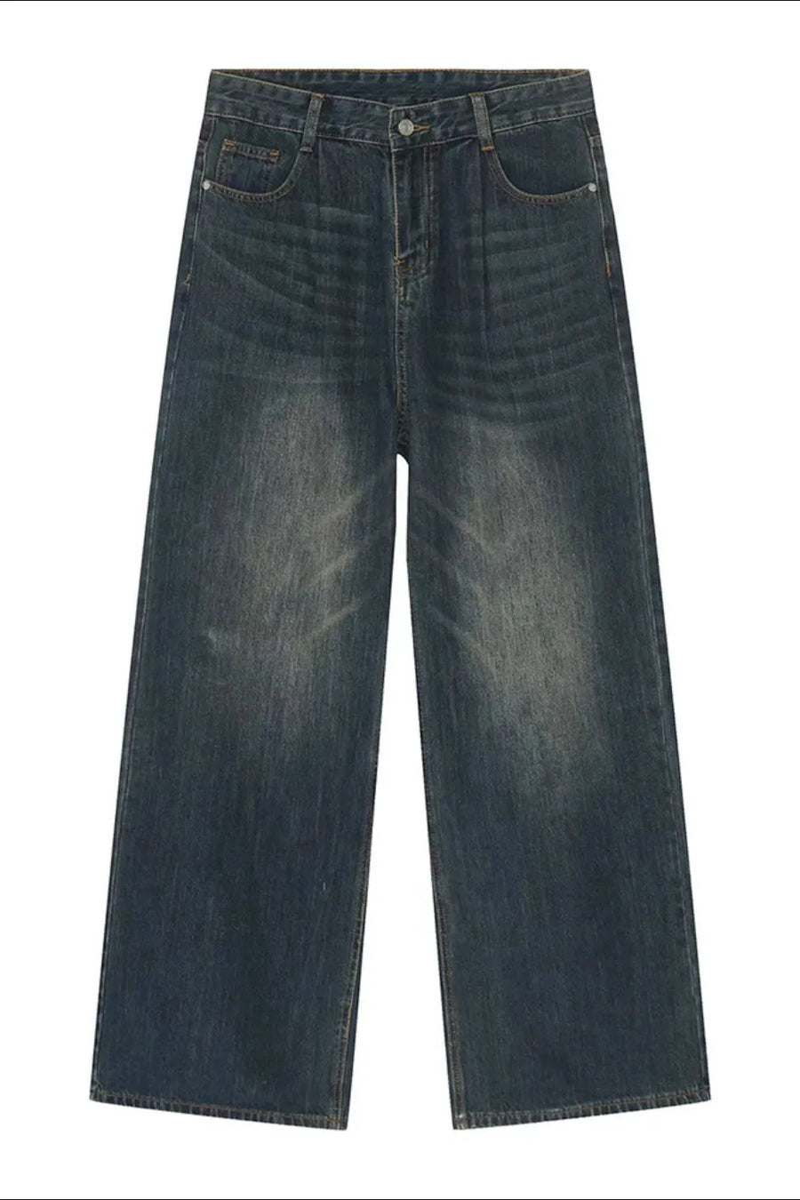 Oversized denim palazzo jeans in Peacock Blue with subtle wash and wide leg.