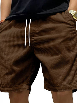 Brown corduroy chino shorts with white drawstring and pockets.
