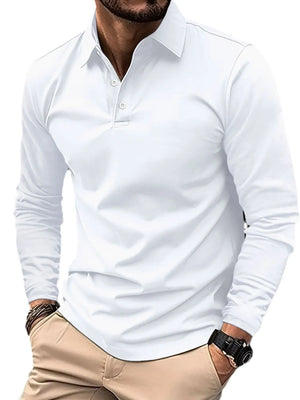 White long sleeve polo shirt with a buttoned collar and a sculpted fit.