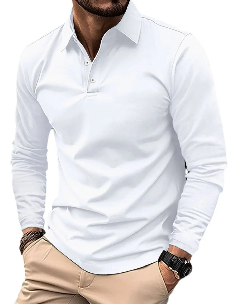 White long sleeve polo shirt with a buttoned collar and a sculpted fit.