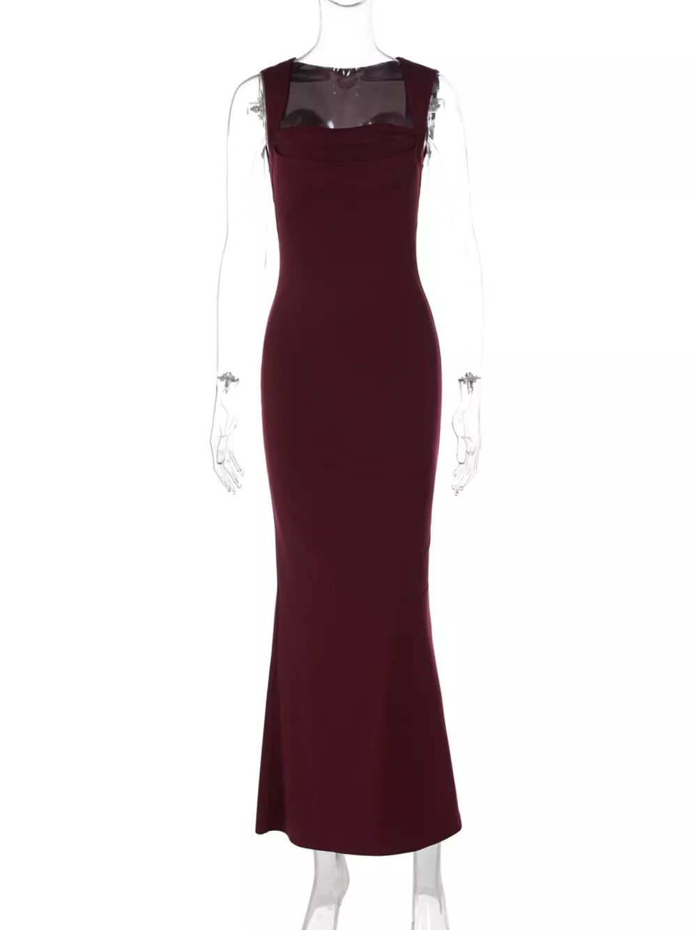 Wine red bodycon maxi dress with square neckline and sheer detail