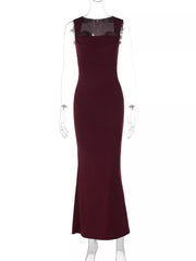Wine red bodycon maxi dress with square neckline and sheer detail