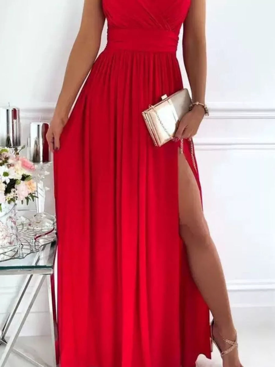 Red maxi dress with high slit and lace accents, v-neck, sleeveless.