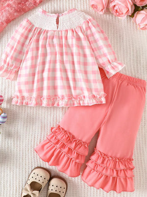 Children's Plaid Smocked Long Sleeve Top And Pants Set option 6