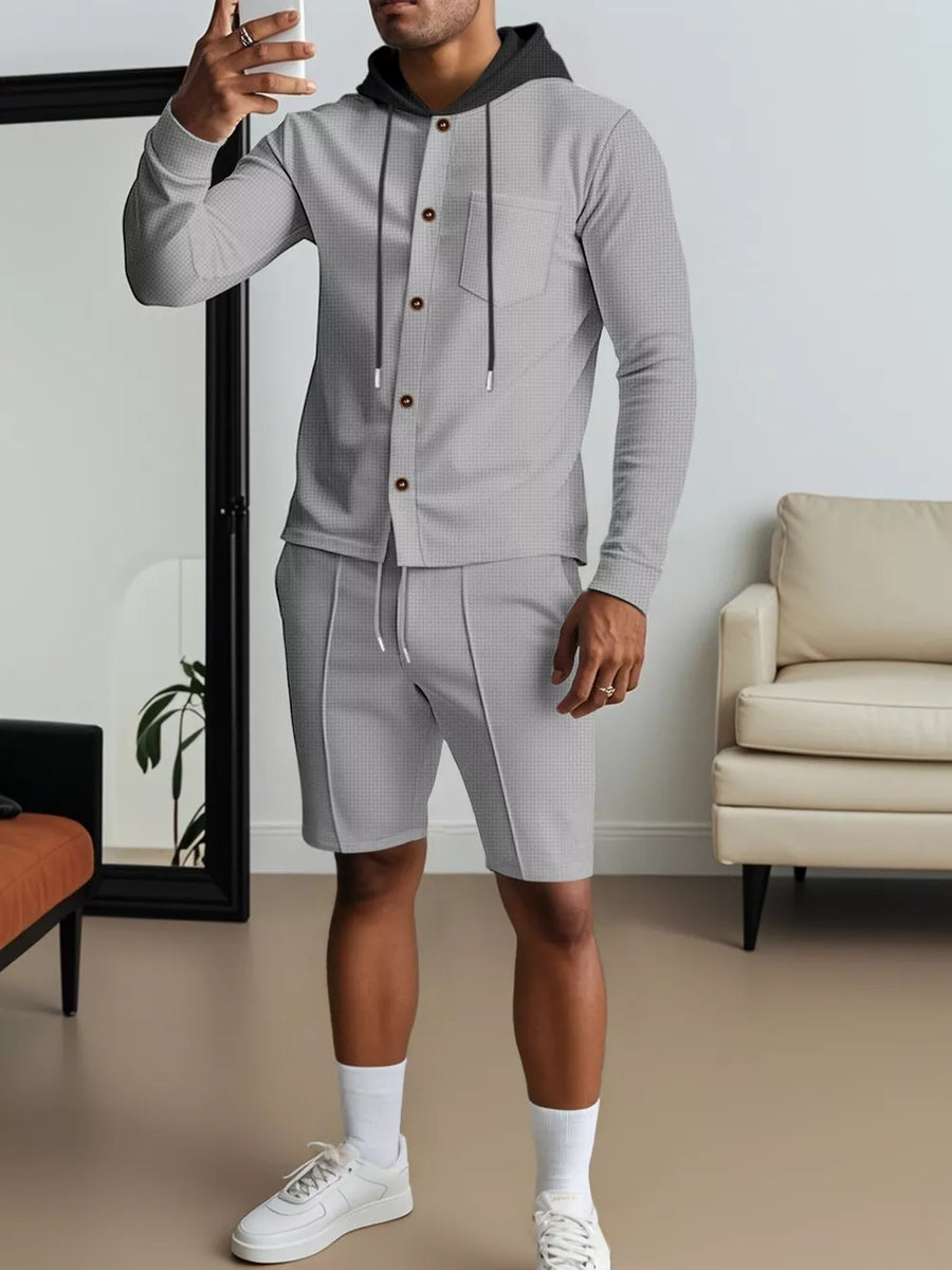 Black with Men's Casual Hooded Button-up Shirt And Shorts Set