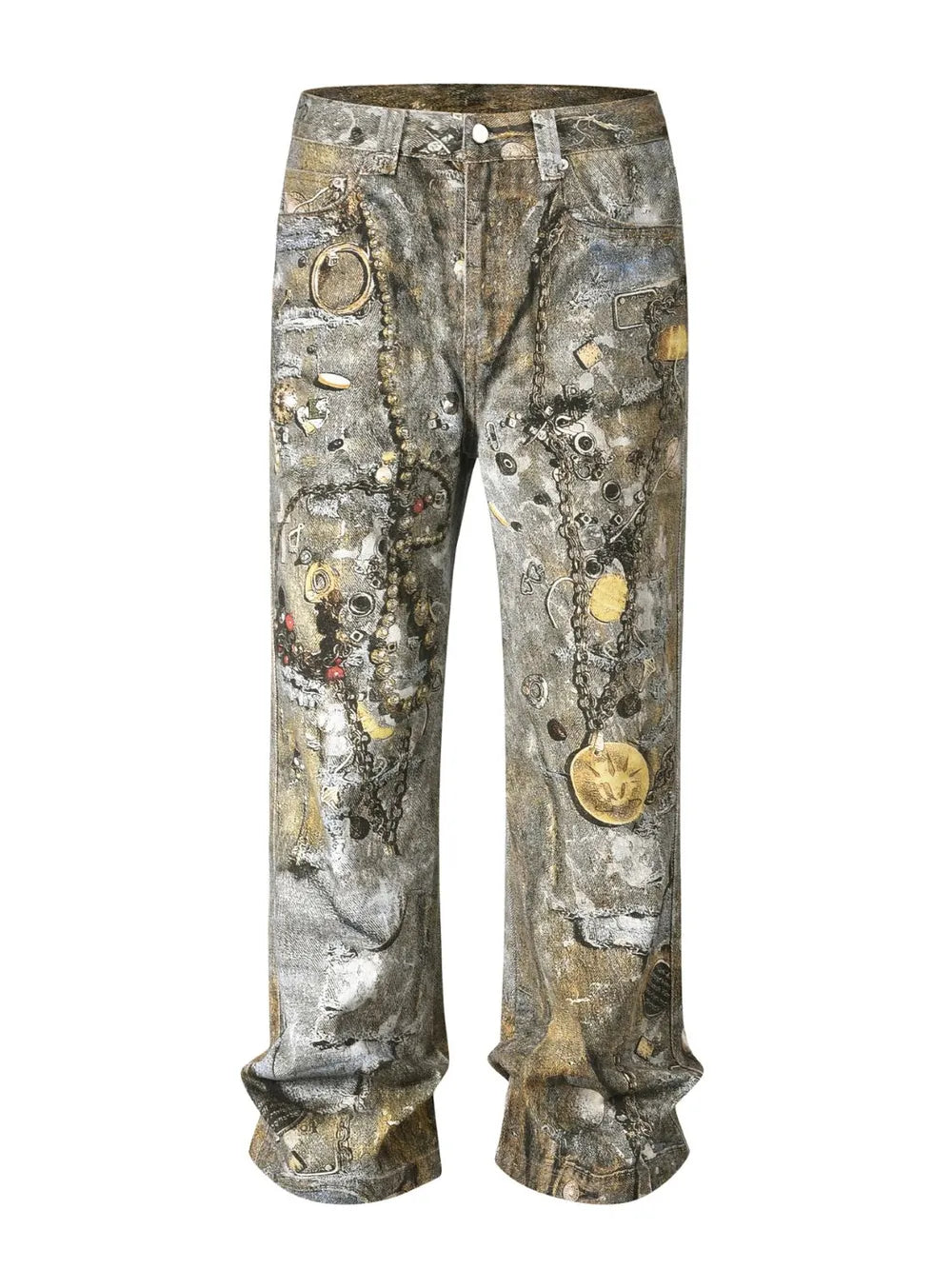 Distressed treasure print wide leg denim jeans in gray with beaded and chain details.