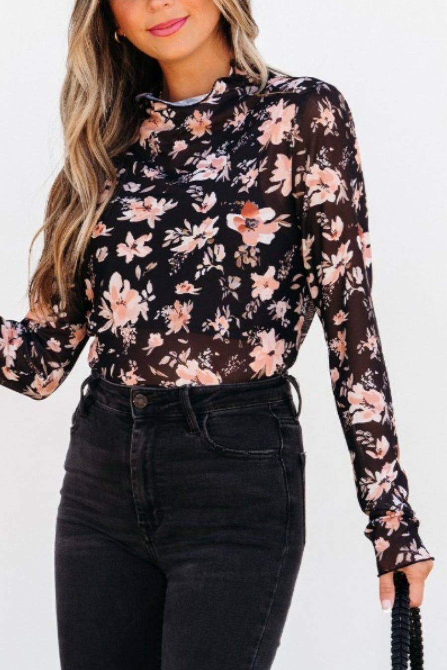 Black sheer floral mock neck blouse with long sleeves