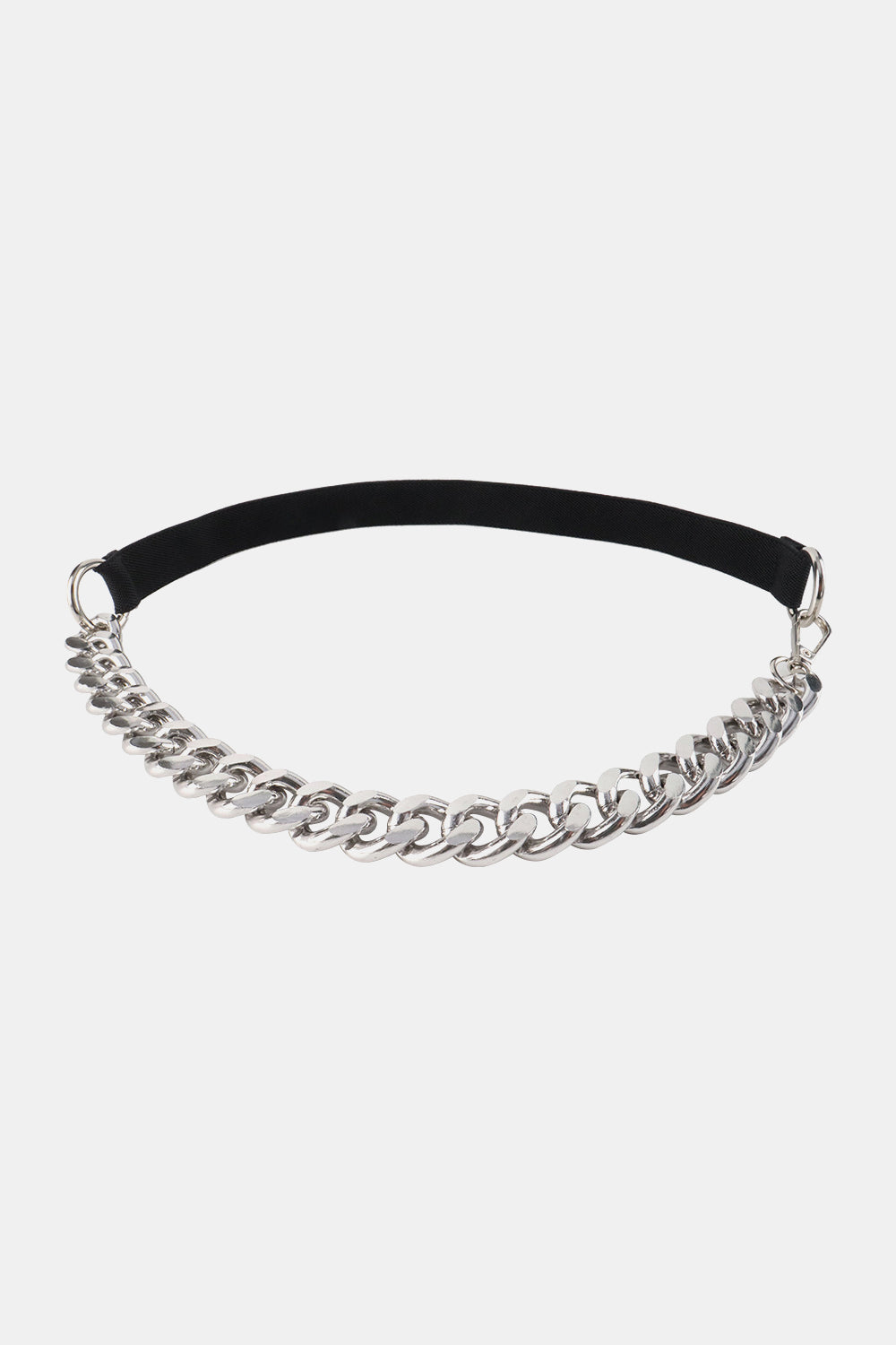 Silver chain detail elastic waist belt with black band and silver hardware