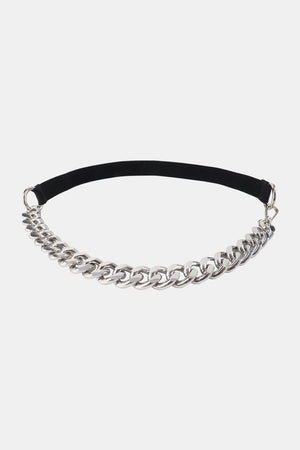Silver chain detail elastic waist belt with black band and silver hardware