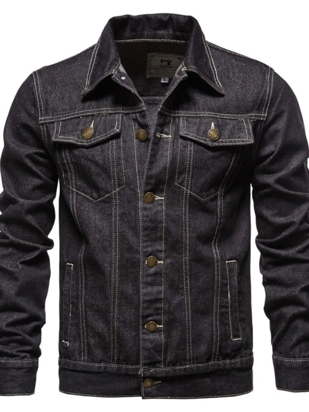 Dark wash denim trucker jacket with classic fit and button closure.