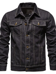 Dark wash denim trucker jacket with classic fit and button closure.
