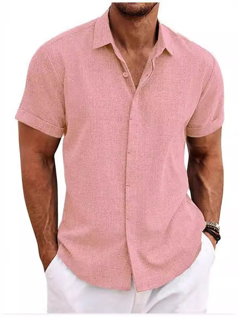 Men's pink short sleeve button-down shirt, cotton blend, casual fit.