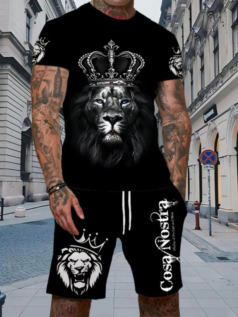 Men's Full Size Round Neck Tee And Shorts Set in Ivory